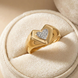 14K Yellow Gold Pave Heart Signet Ring - Romantic Statement Band