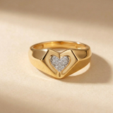 14K Yellow Gold Pave Heart Signet Ring - Romantic Statement Band