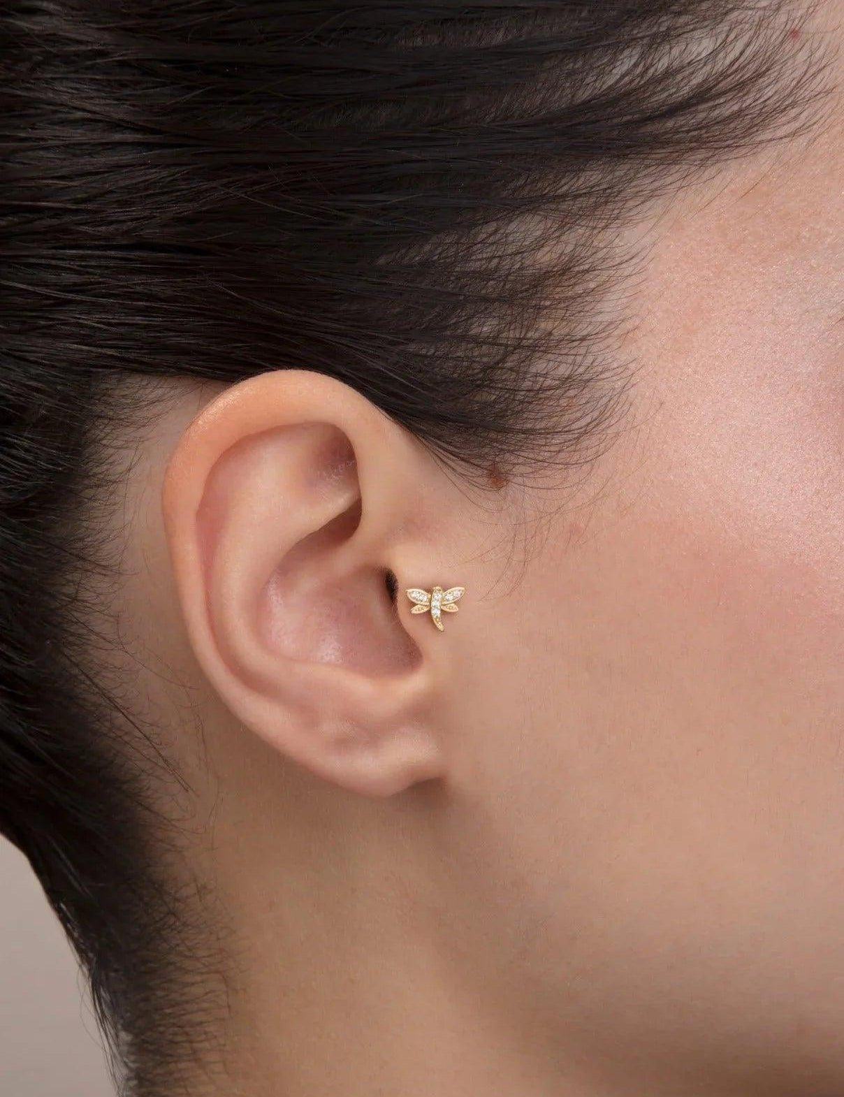 14K Solid Gold Butterfly Tragus Earring – Dainty Cartilage Piercing Jewelry - 8