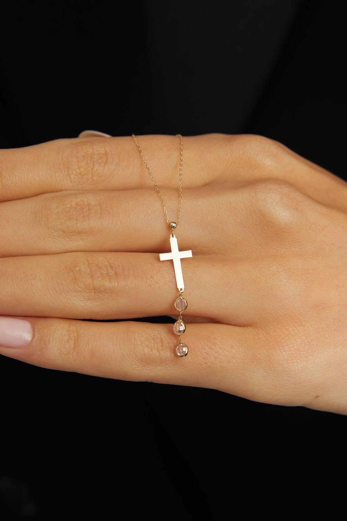 Minimal 14K gold cross necklace with crystal drop