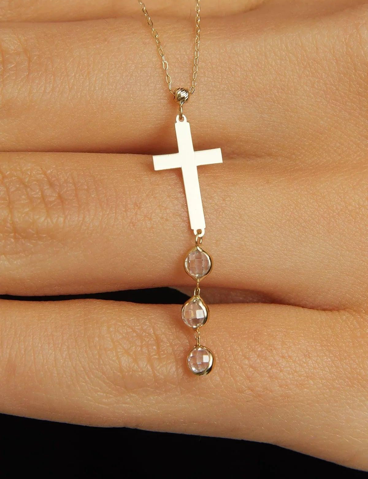 14K Gold Cross Pendant Necklace with Dangle Drops - 3