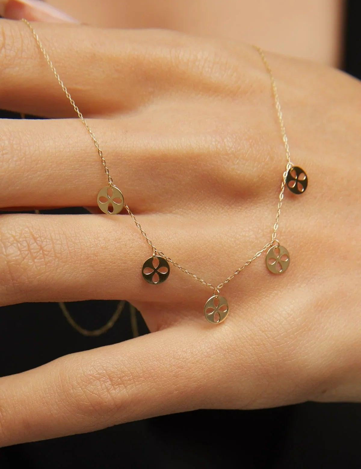 14K Gold Clover Disc Necklace – Lucky Charm Station Chain Jewelry - 4