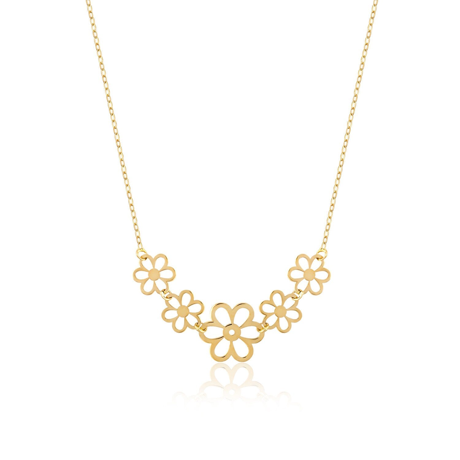 14K gold necklace with five small open flower charms displayed – elegant and minimalist.