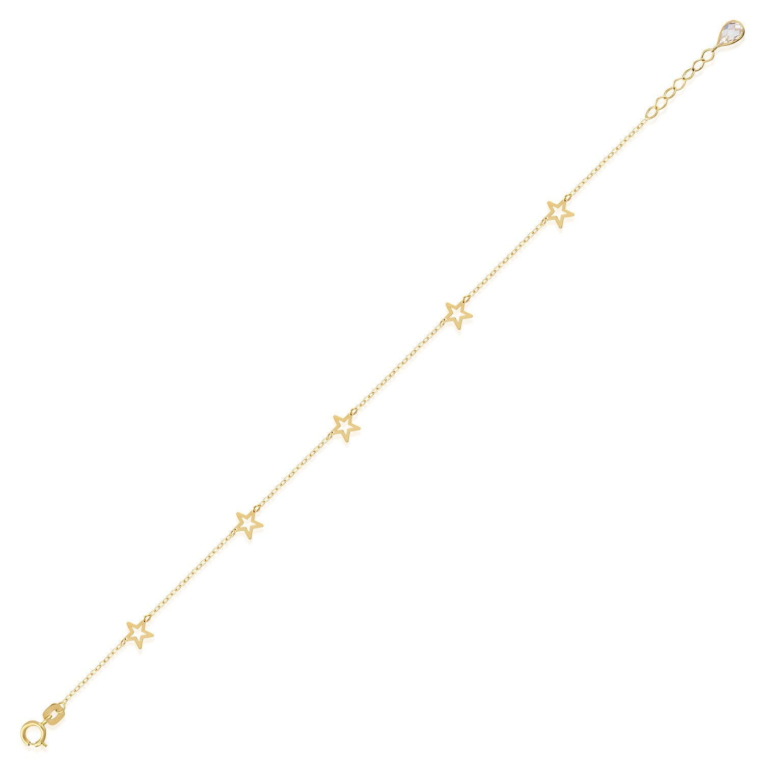 14K gold bracelet with delicate open star charms on green fabric