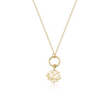 Elegant 14K gold necklace featuring a textured circle and a lotus flower pendant