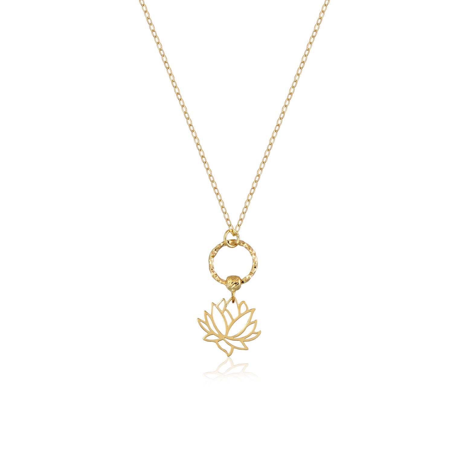 Elegant 14K gold necklace featuring a textured circle and a lotus flower pendant