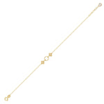 14K gold bracelet with a twisted circle centerpiece and two solid clover charms on a fine chain
