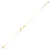 14K gold bracelet with a twisted circle centerpiece and two solid clover charms on a fine chain
