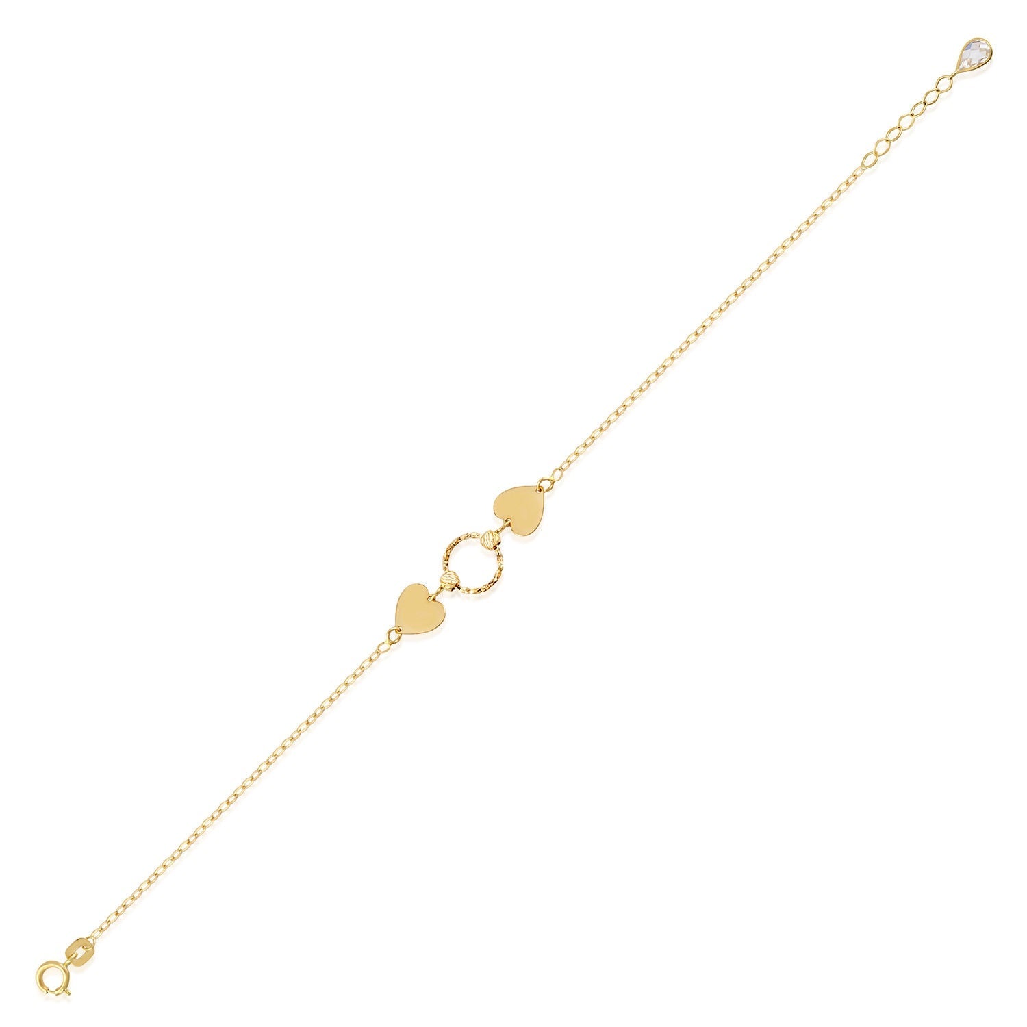 Minimalist 14K gold bracelet with two heart charms and a twisted circle link
