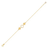 Minimalist 14K gold bracelet with two heart charms and a twisted circle link