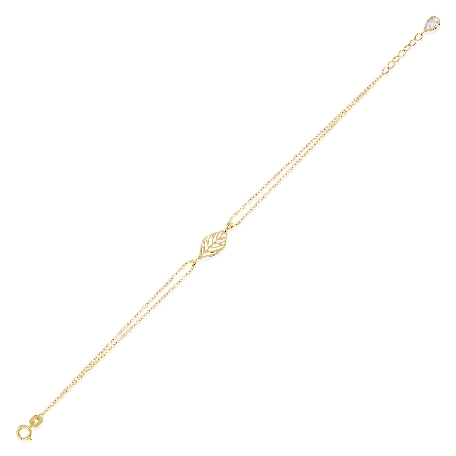 14K gold bracelet with central leaf charm, styled