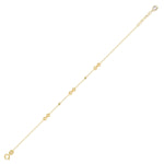 14K gold bracelet with multiple small infinity charms and decorative beads on white background