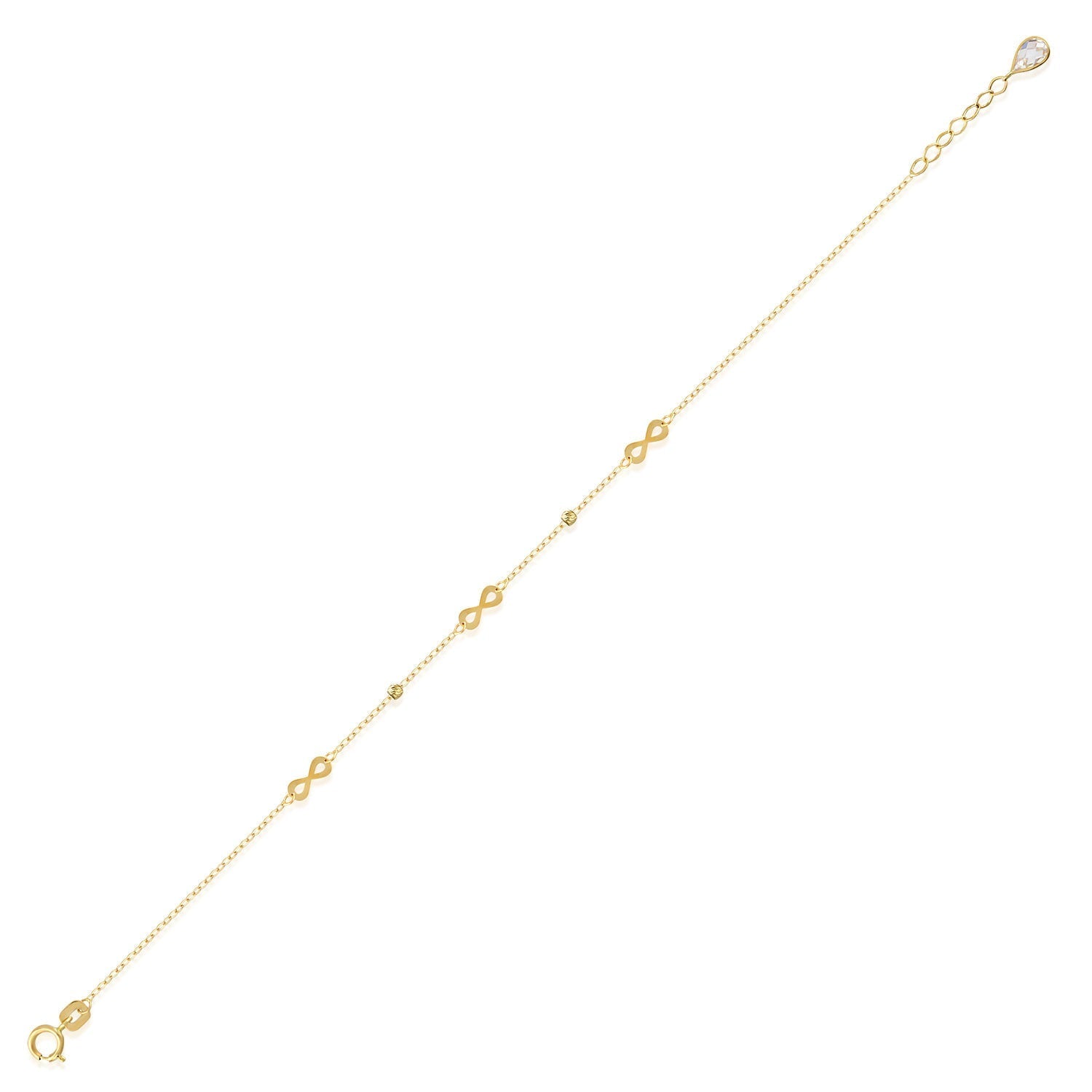 14K gold bracelet with multiple small infinity charms and decorative beads on white background
