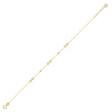 14K gold bracelet with multiple small infinity charms and decorative beads on white background