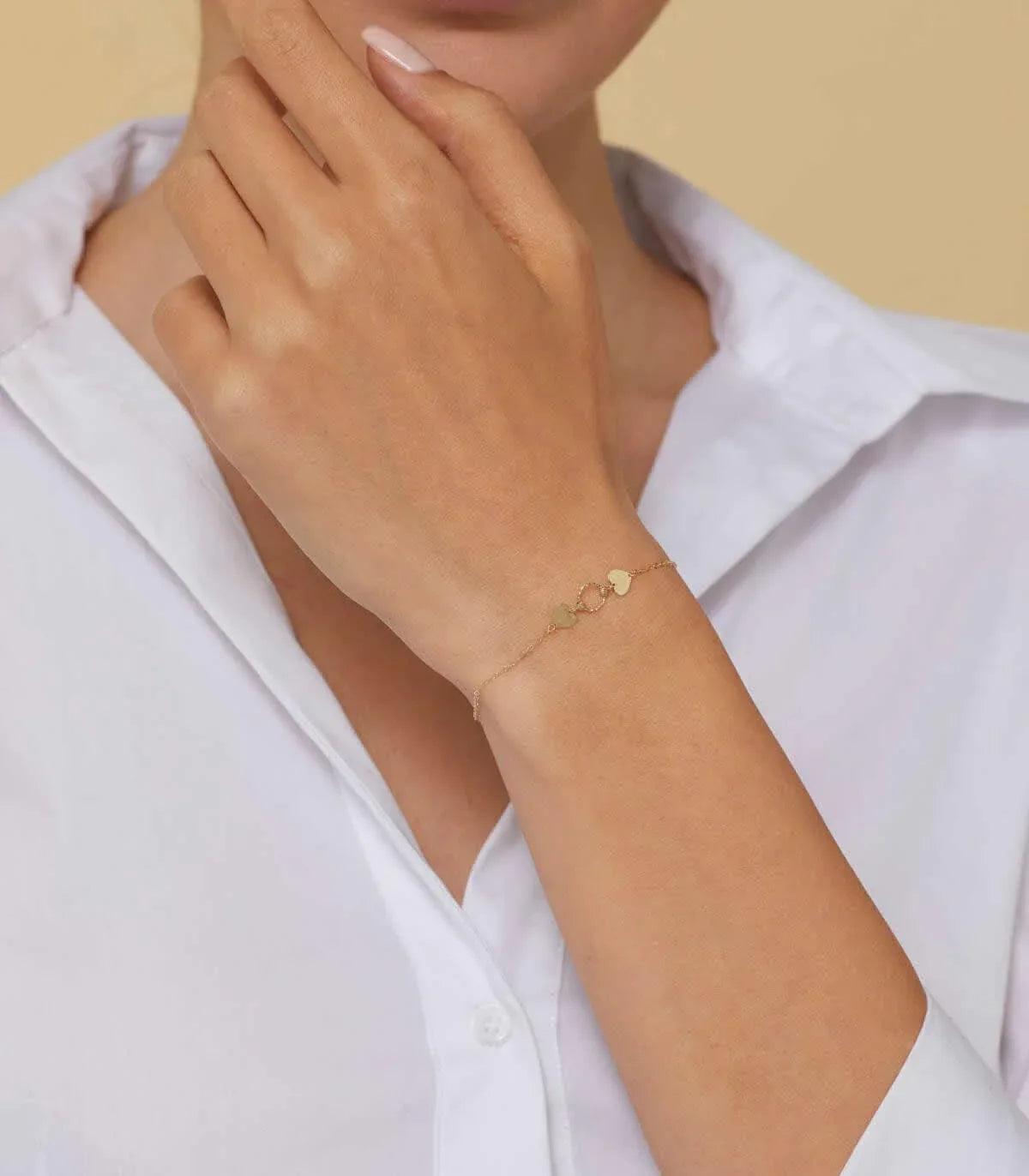 14K Solid Gold Double Heart Bracelet –  Love Jewelry with Twisted Circle Charm - 4