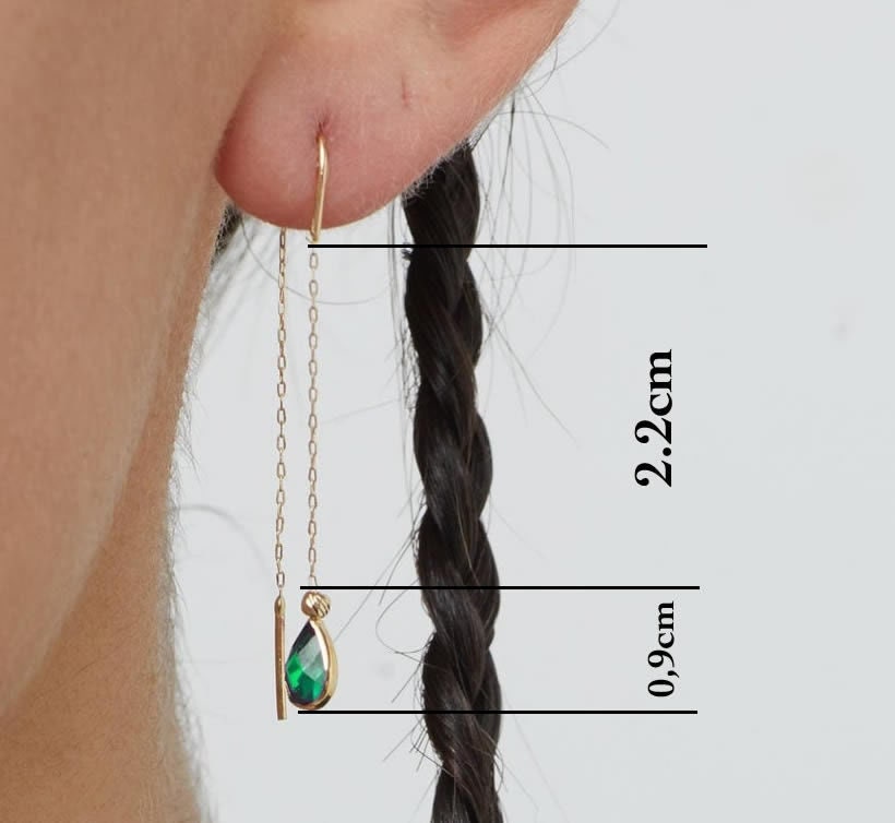 14K gold threader earrings with green teardrop gemstone drops on fine chain