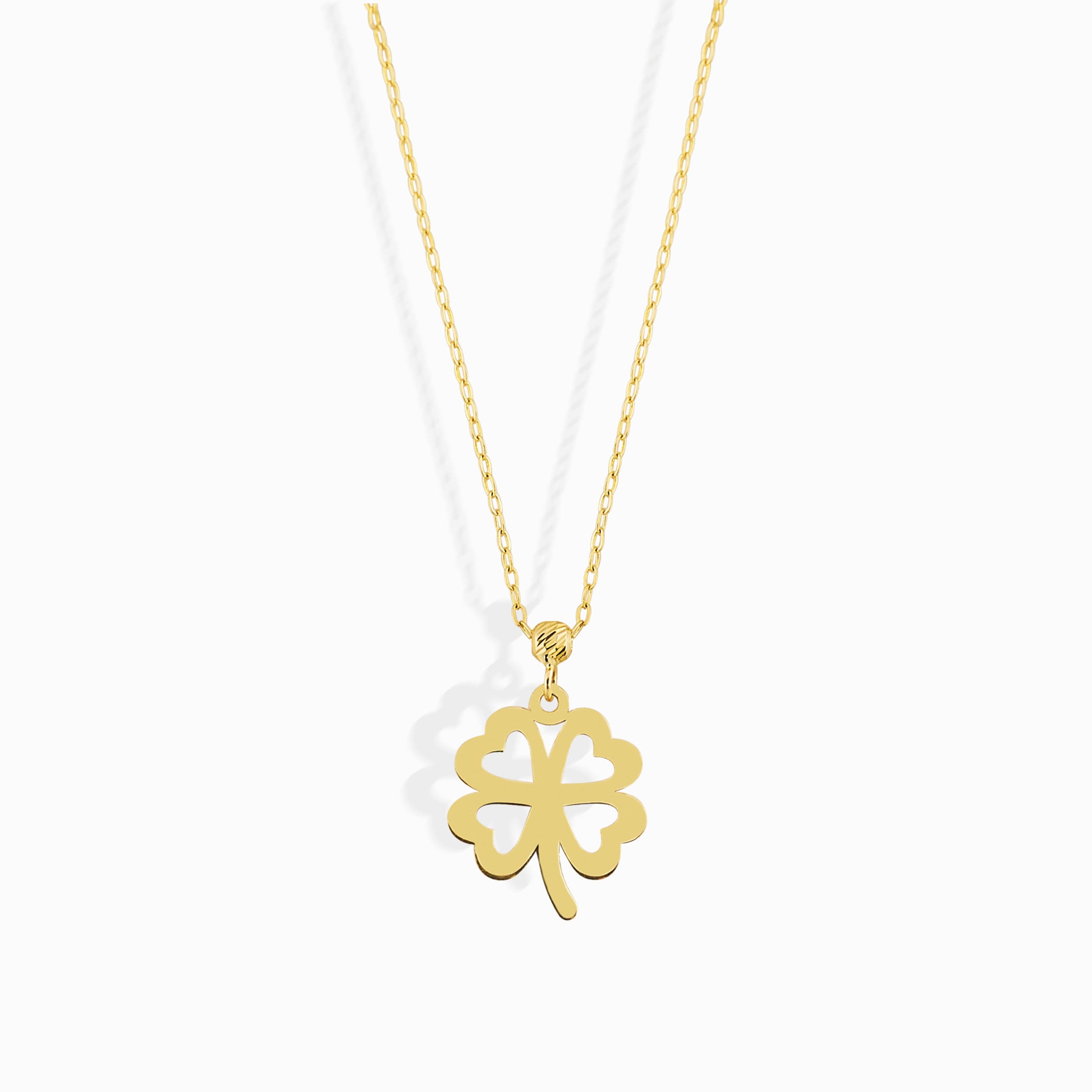 14K solid gold four-leaf clover necklace, symbolizing luck and elegance