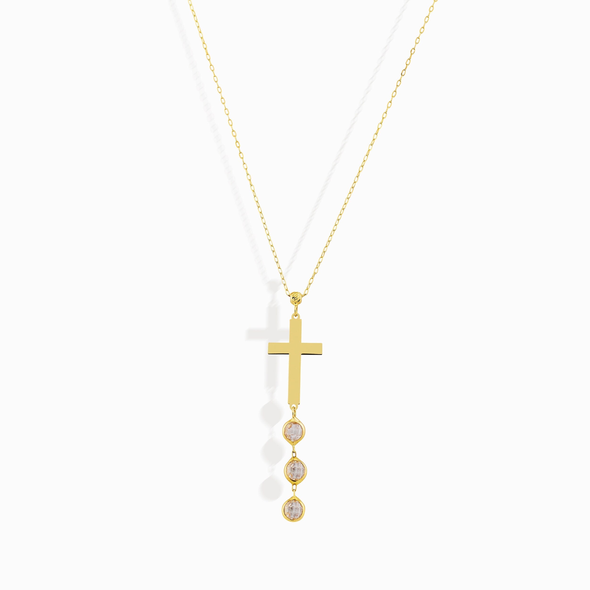 Minimal 14K gold cross necklace with crystal drop
