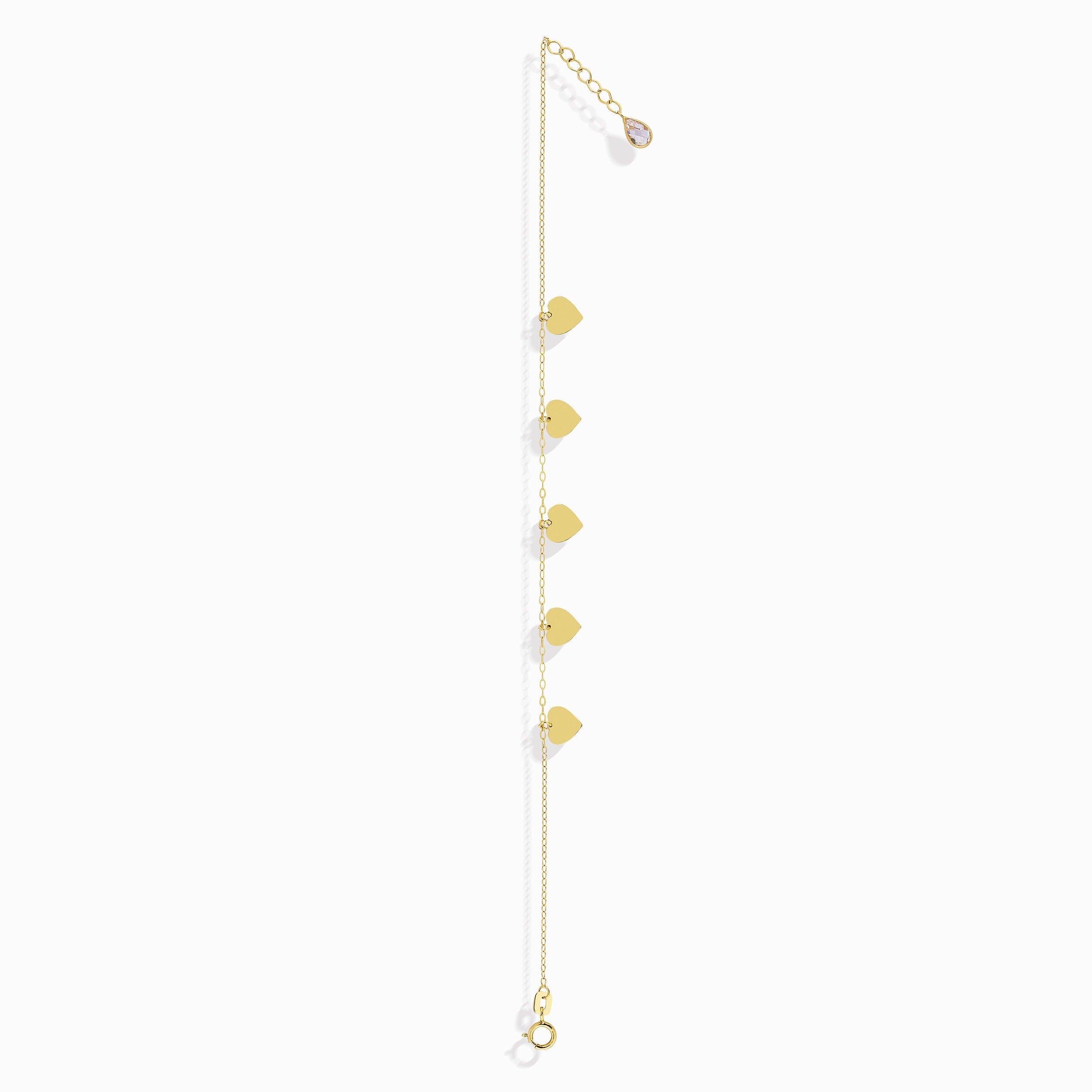 Close-up of 14K gold bracelet with five dangling heart charms – perfect for gift-giving or everyday wear