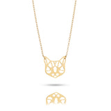 Solid 14K gold geometric cat face pendant necklace on delicate chain