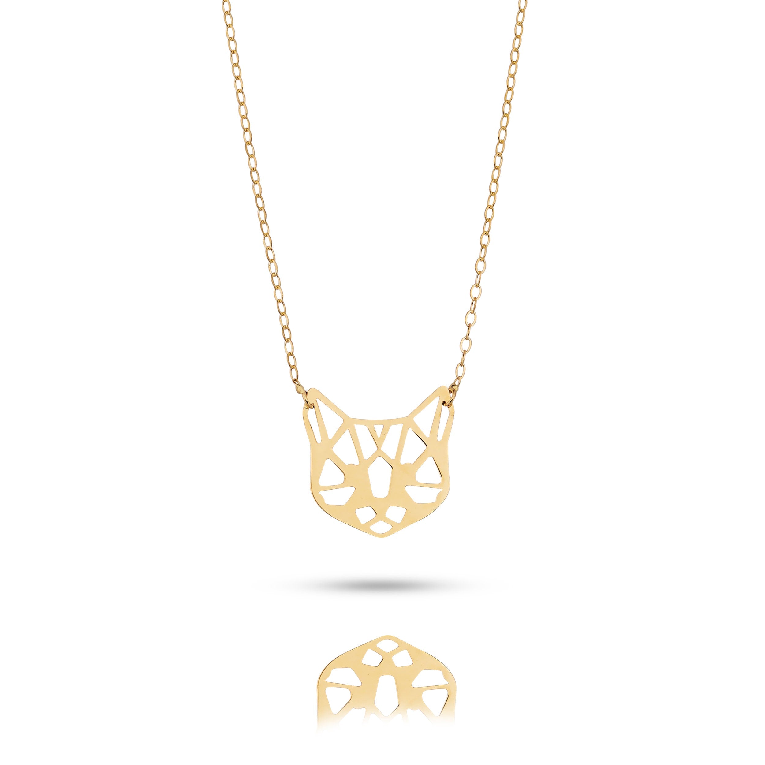 Solid 14K gold geometric cat face pendant necklace on delicate chain