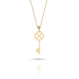 14K gold necklace with a key-shaped pendant featuring a four-leaf clover design,