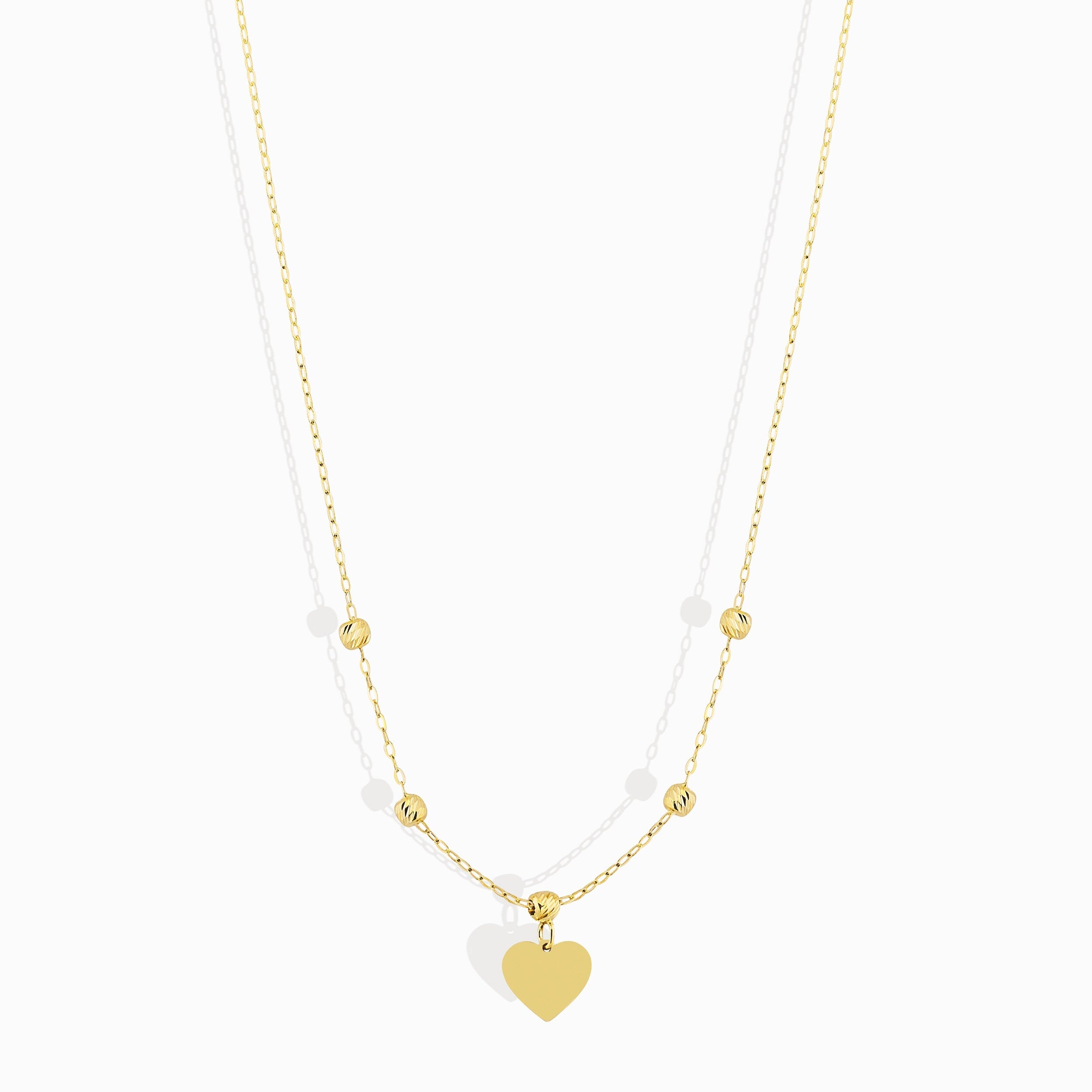 14K gold heart pendant necklace with beaded chain