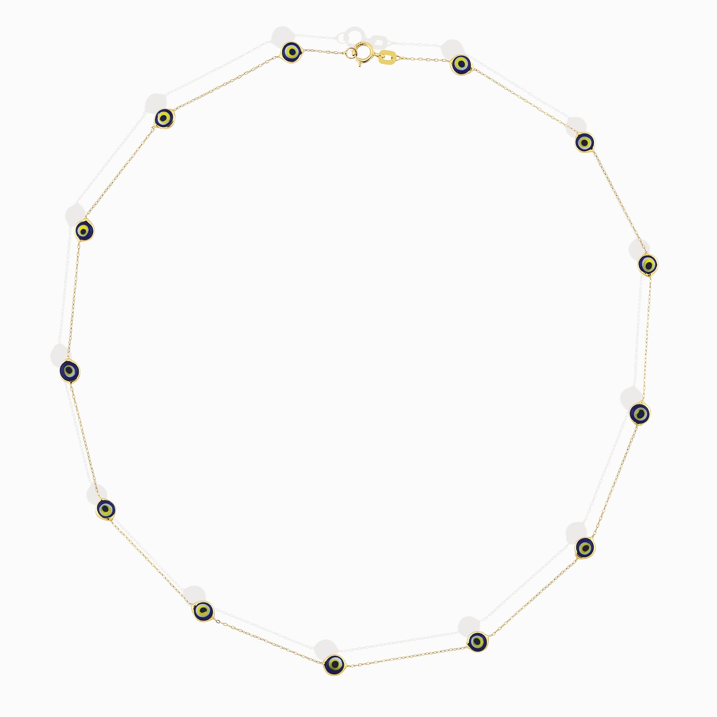 14K gold necklace with five blue and yellow enamel evil eye charms, representing protective jewelry.