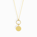 14K gold necklace with engraved initial M on round disc charm and twisted loop detail