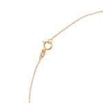 14K gold necklace with emerald teardrop pendant and butterfly charm worn on model’s neck