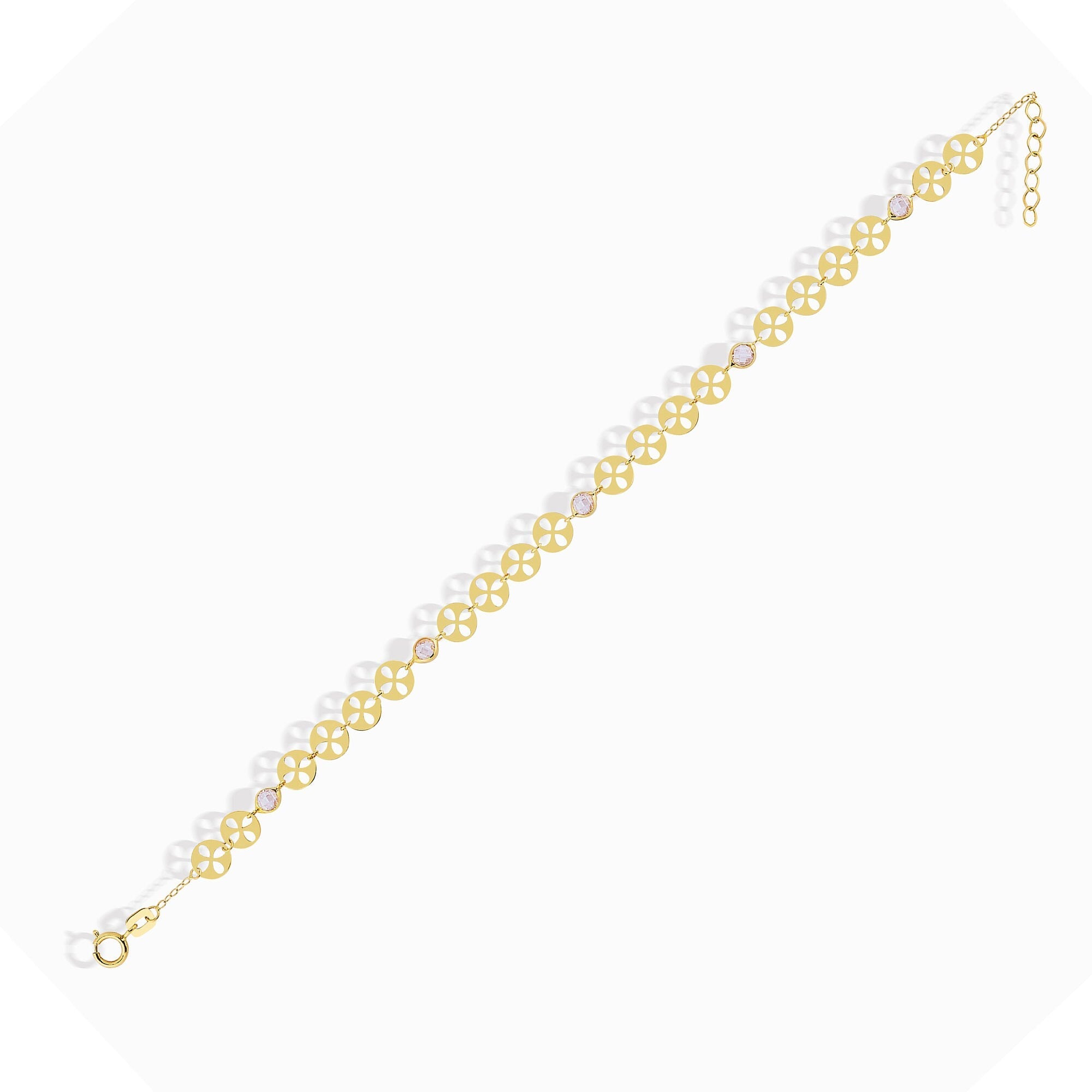 14K gold bracelet with circular disc charms and crystal beads displayed