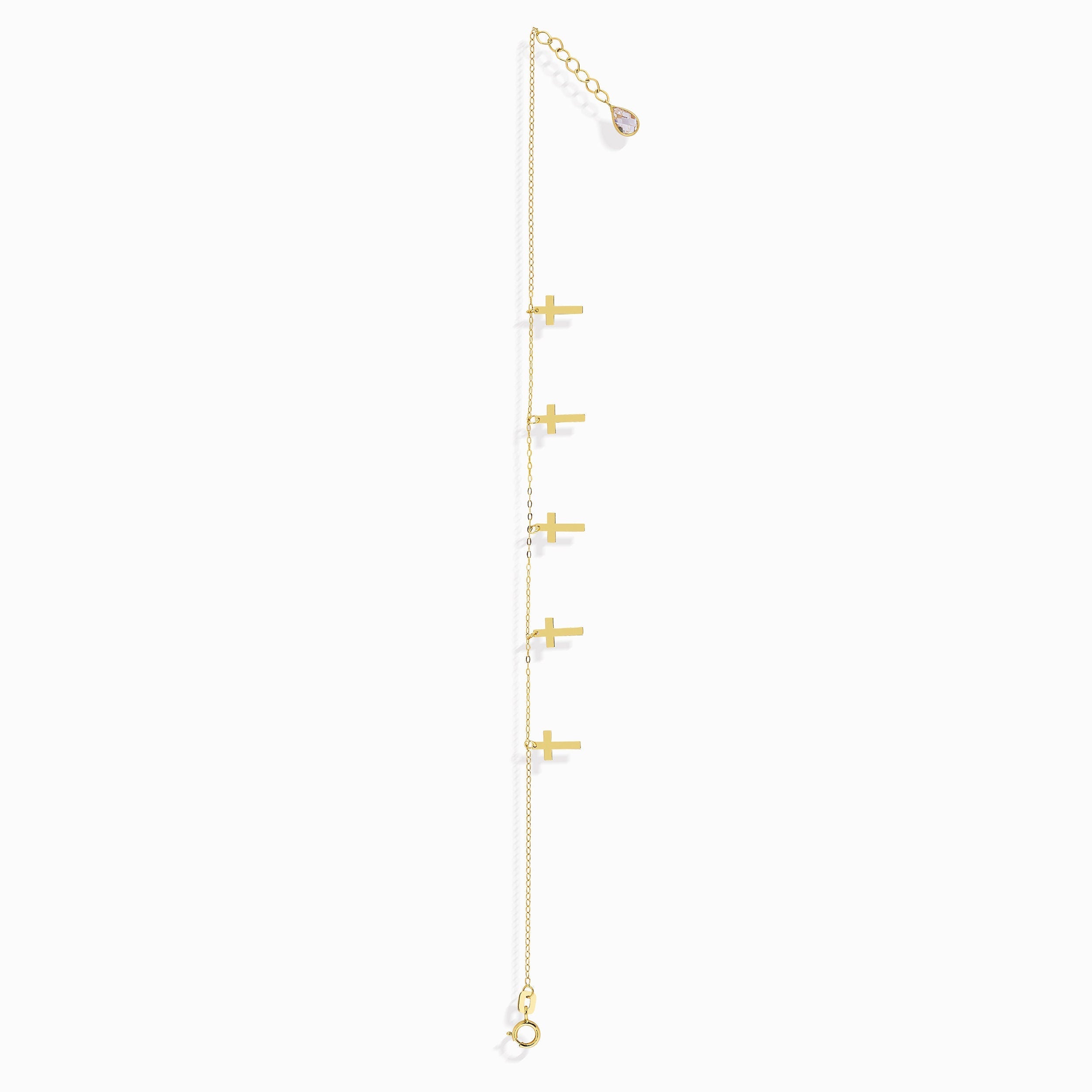 14K gold bracelet featuring five minimalist cross charms white background