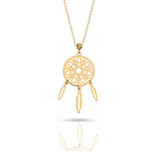 Delicate 14K gold dreamcatcher necklace with intricate circular web and three gold feather charms