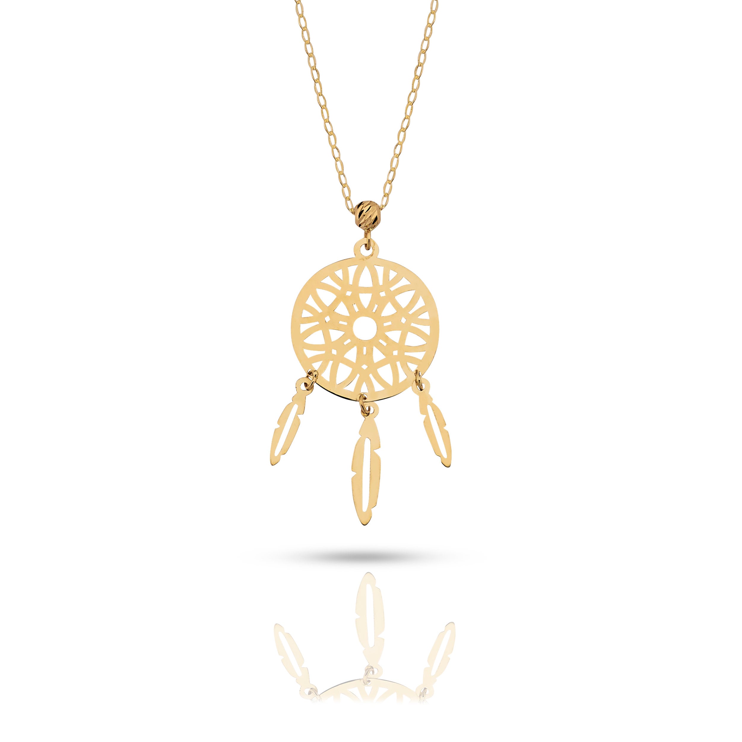 Delicate 14K gold dreamcatcher necklace with intricate circular web and three gold feather charms