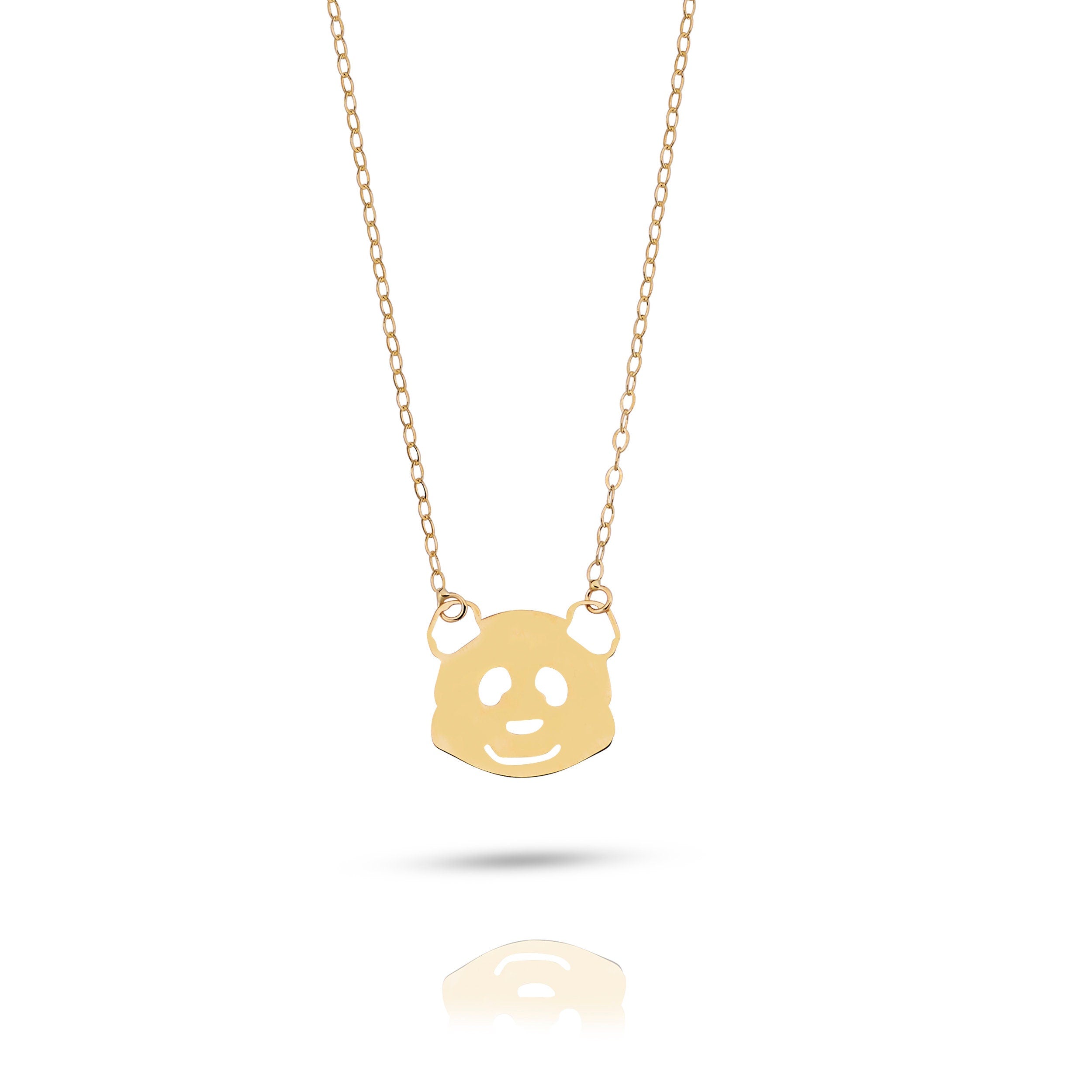 14K gold necklace featuring a smiling panda face pendant playful and minimalist jewelry style.