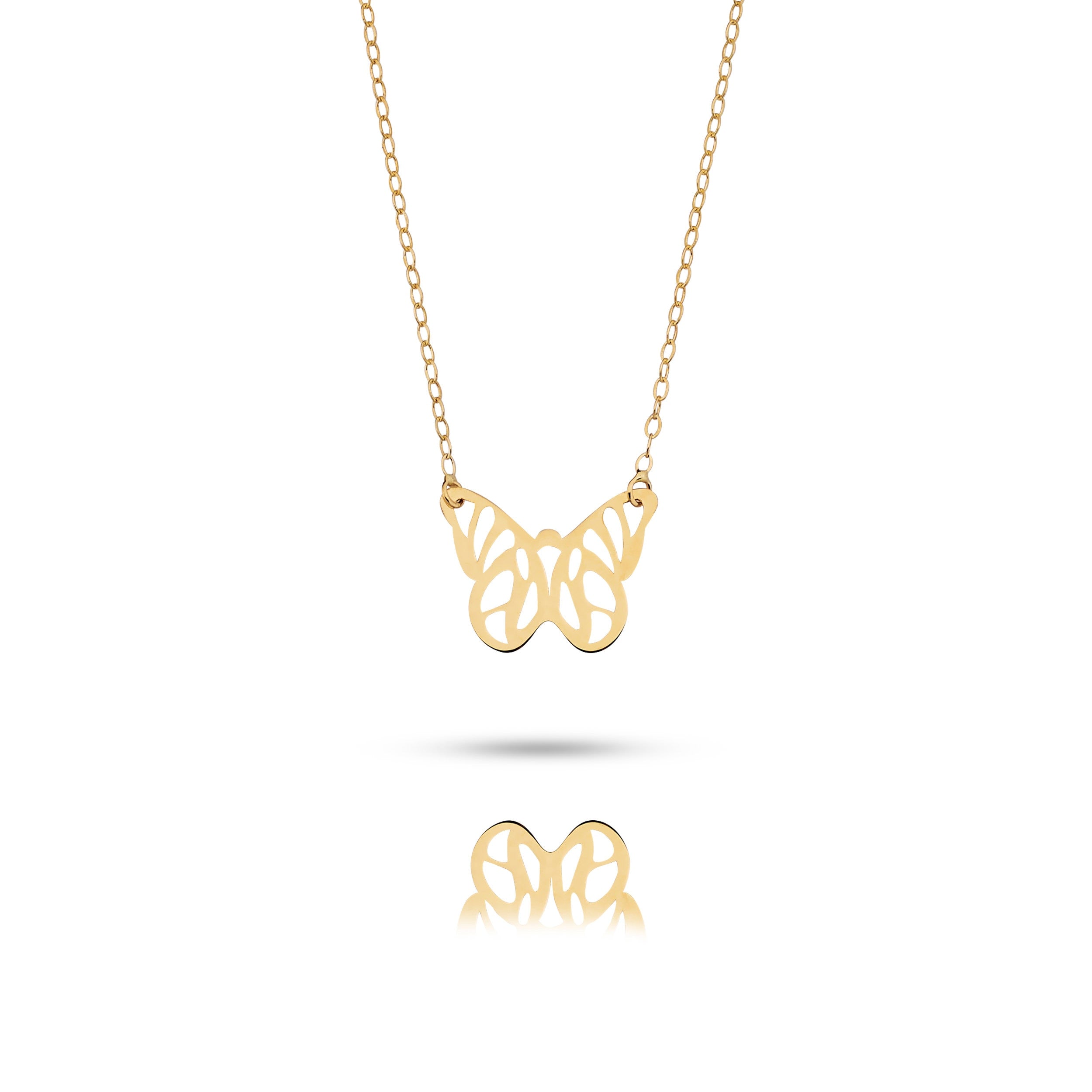 14K gold butterfly pendant necklace on fine chain,