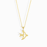 14K gold necklace with a flying bird pendant, graceful, and symbolic design.