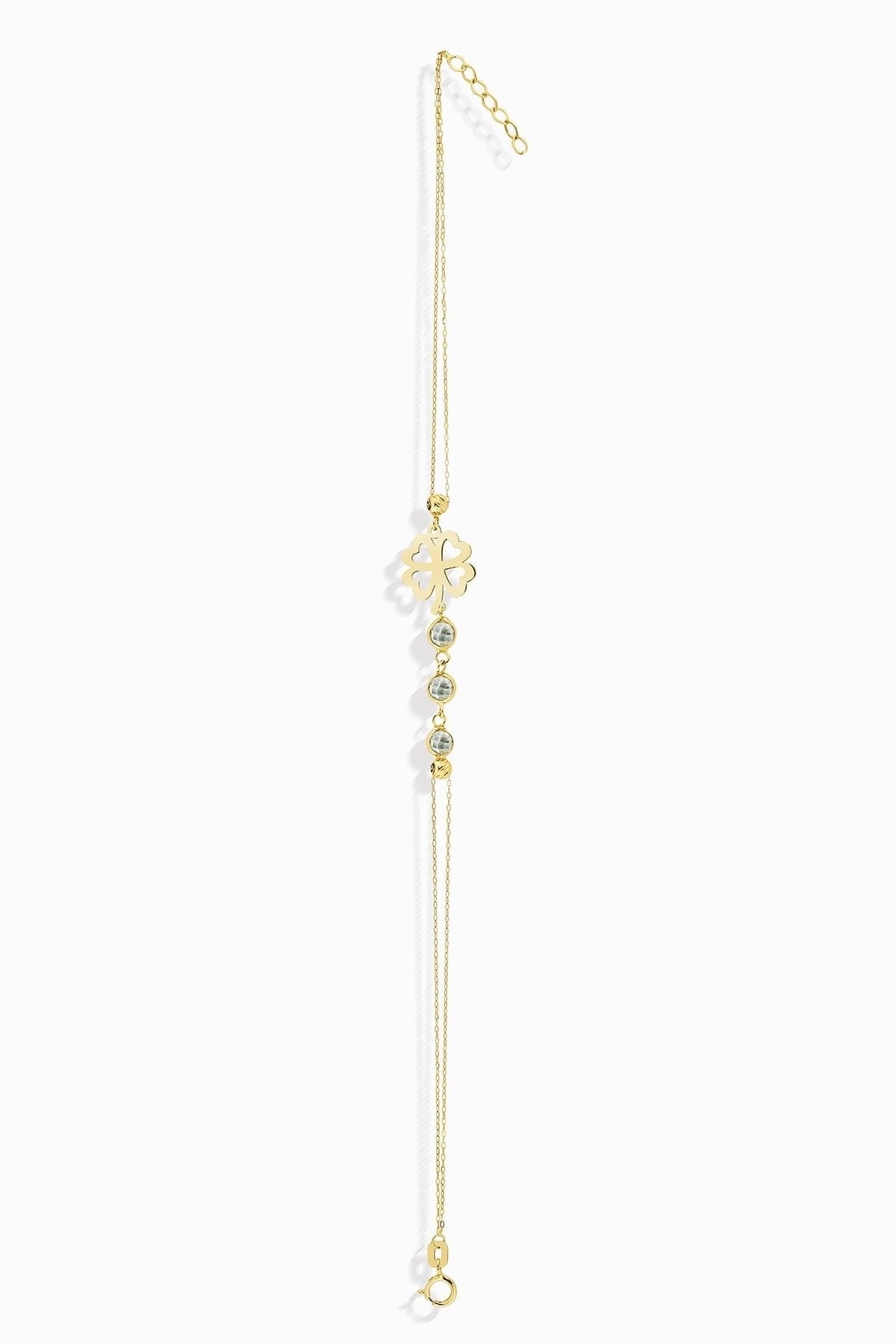 14K gold bracelet with four-leaf clover charm and gemstone details