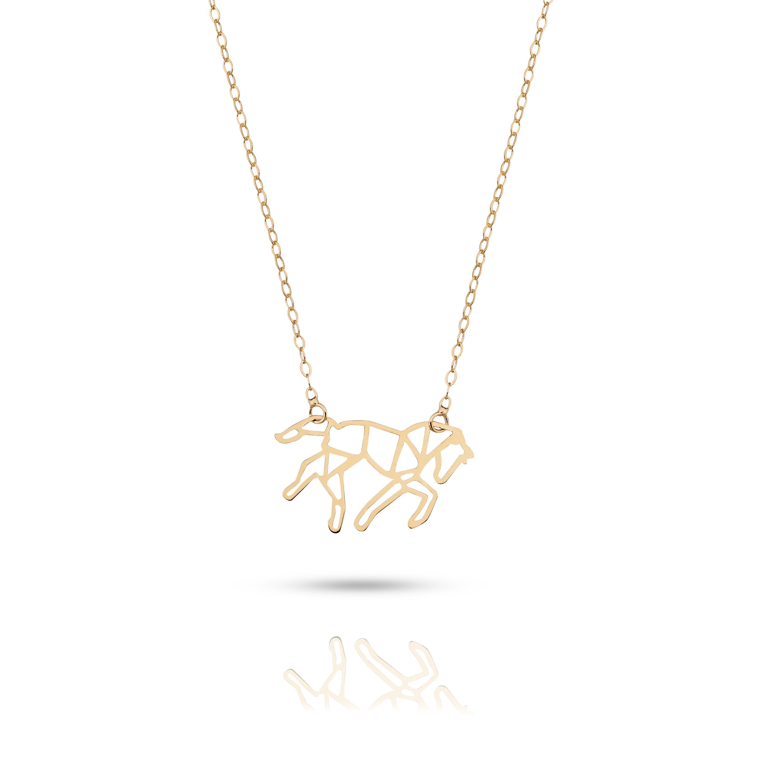 Minimalist 14K gold necklace with a geometric horse pendant,