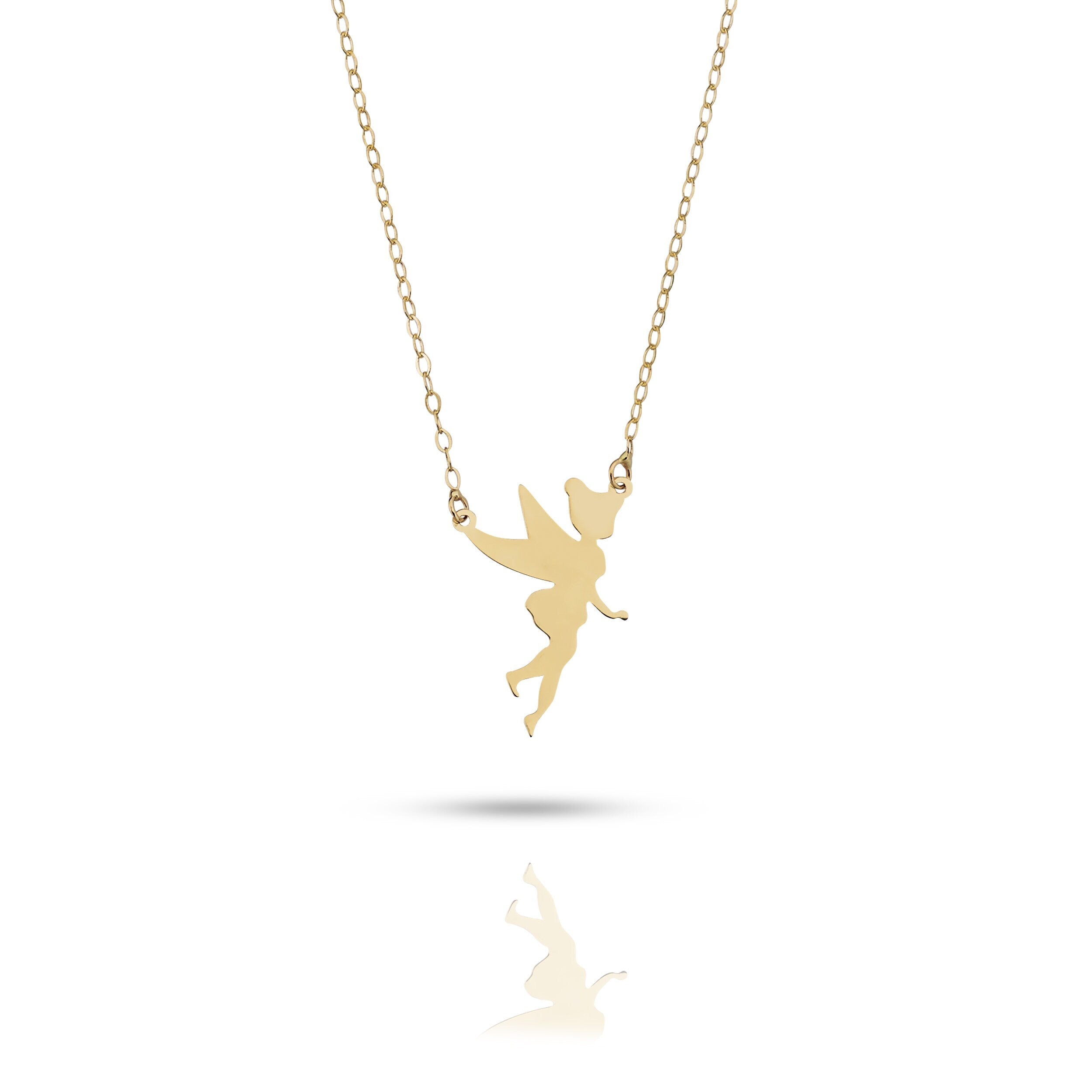 Real 14K gold necklace featuring a Tinkerbell-style fairy silhouette pendant,
