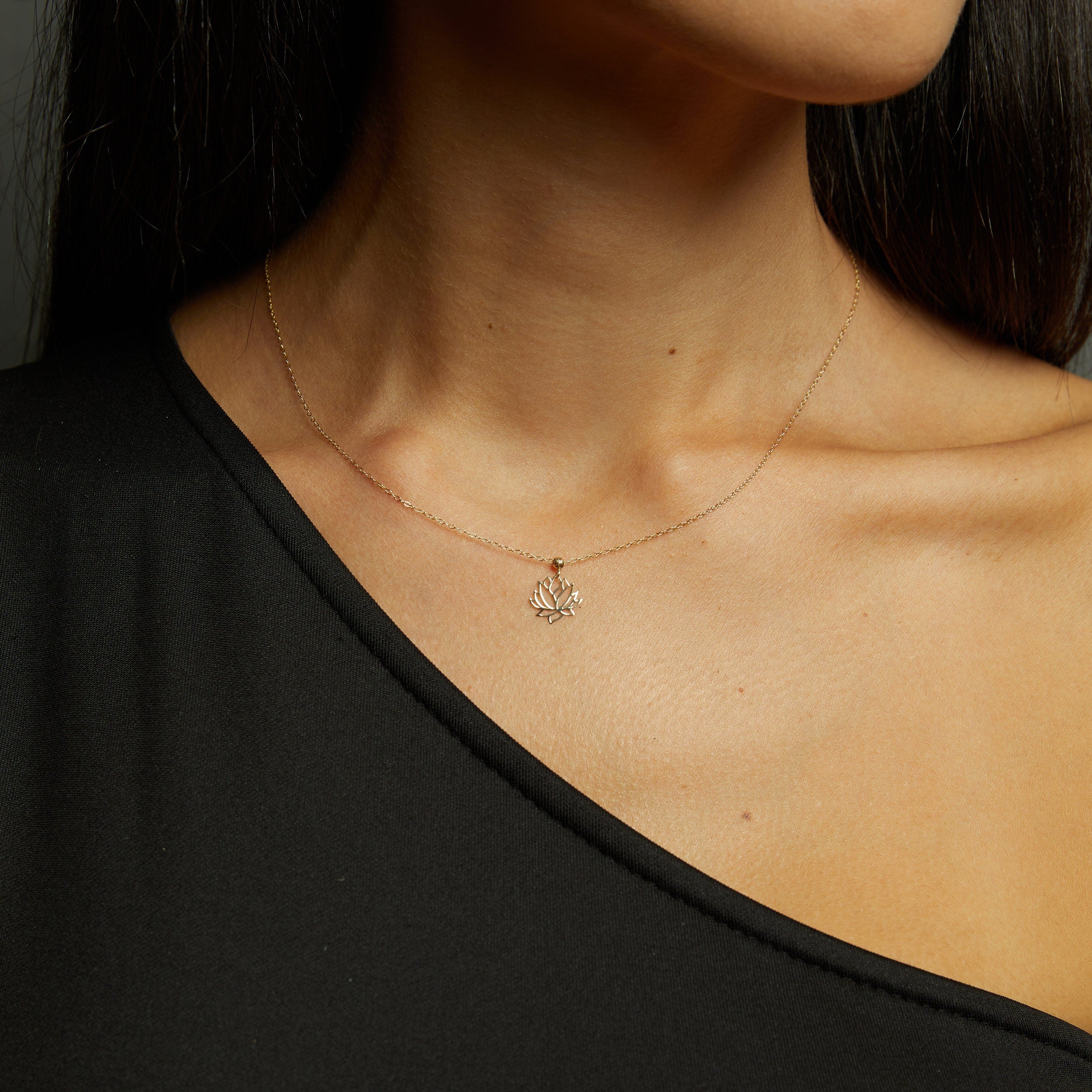 14K real gold necklace with a minimalist lotus flower pendant