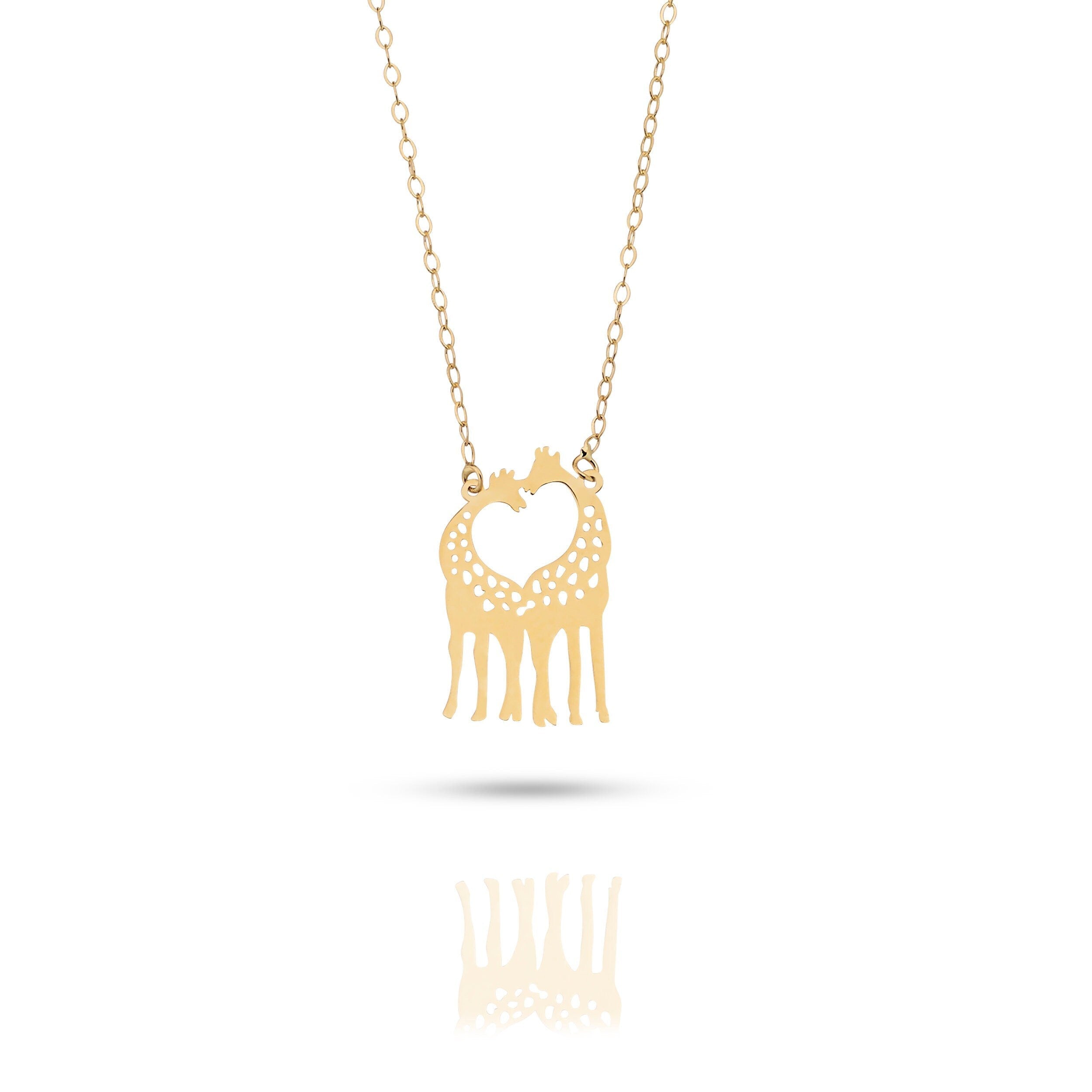 14K gold necklace with two giraffes forming a heart shape,