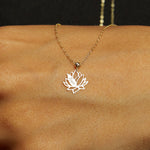 14K gold lotus flower necklace with personalized engraved name pendant on a delicate gold chain