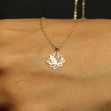 14K gold lotus flower necklace with personalized engraved name pendant on a delicate gold chain