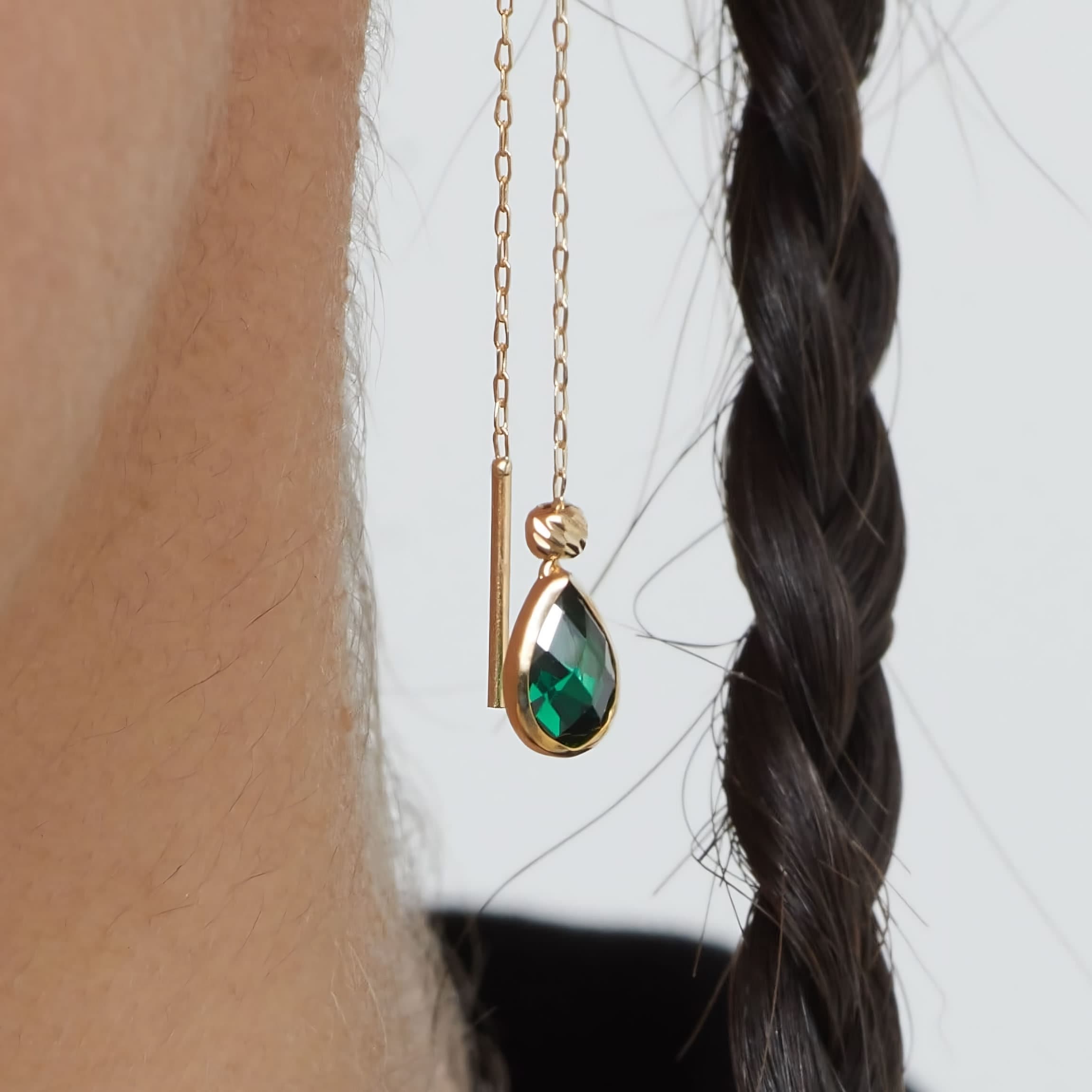 14K gold threader earrings with green teardrop gemstone drops on fine chain