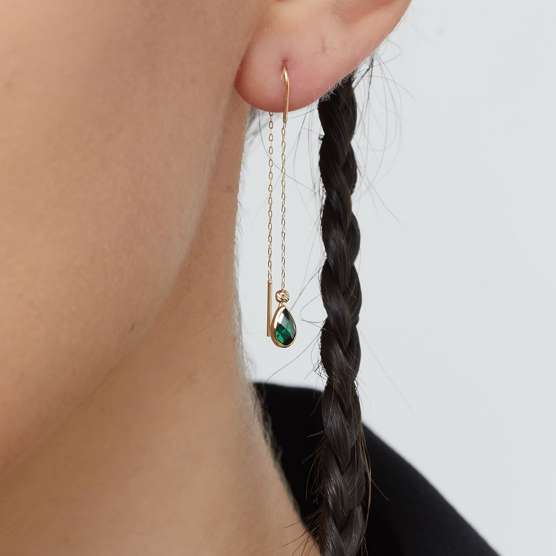 14K gold threader earrings with green teardrop gemstone drops on fine chain