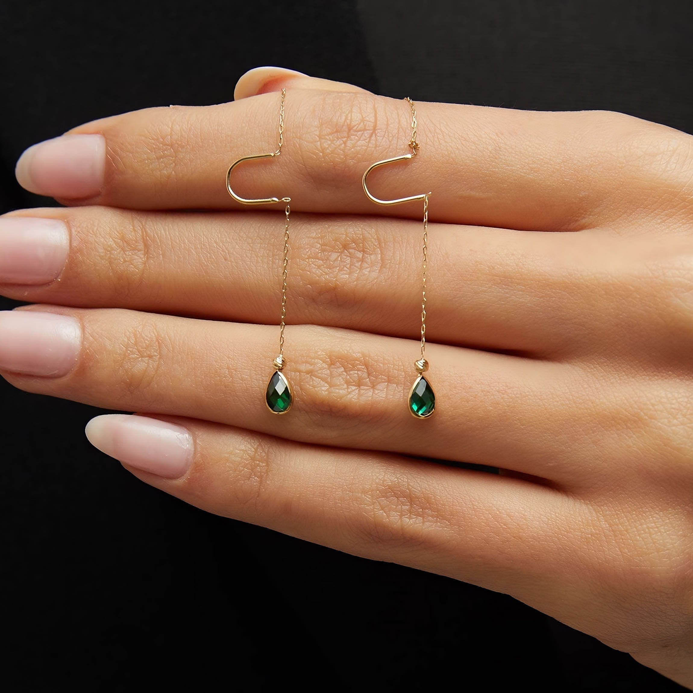 14K gold threader earrings with green teardrop gemstone drops on fine chain