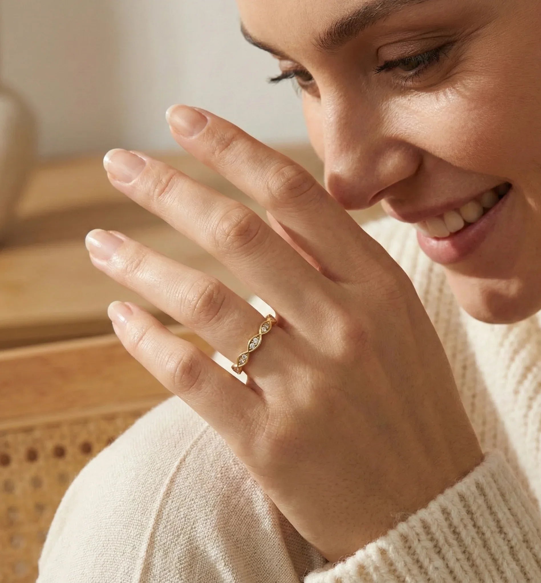 14K Gold Marquise Twist Diamond Ring – Elegant Stackable Eternity Band - 1