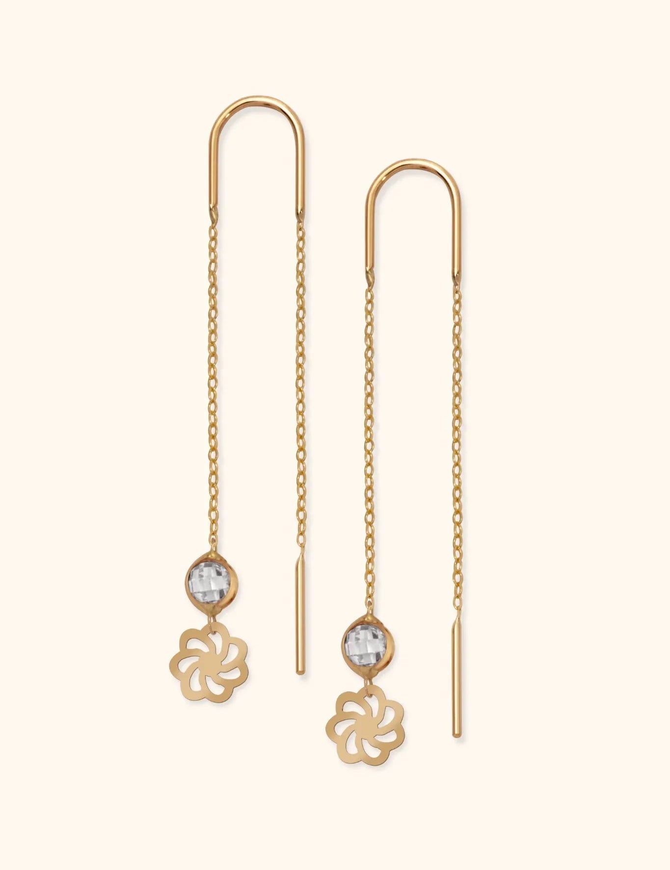 14K Gold Flower Threader Earrings with Crystal Bead – Dainty Bloom Jewelry - 1