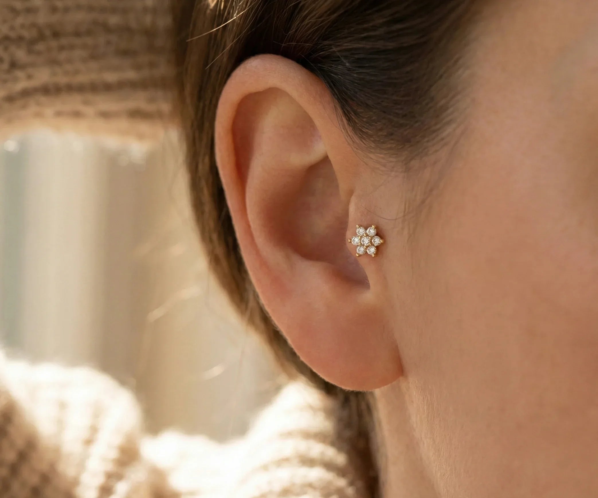 14K Gold Snowflake Tragus Stud – Flat Back Winter Piercing - 1